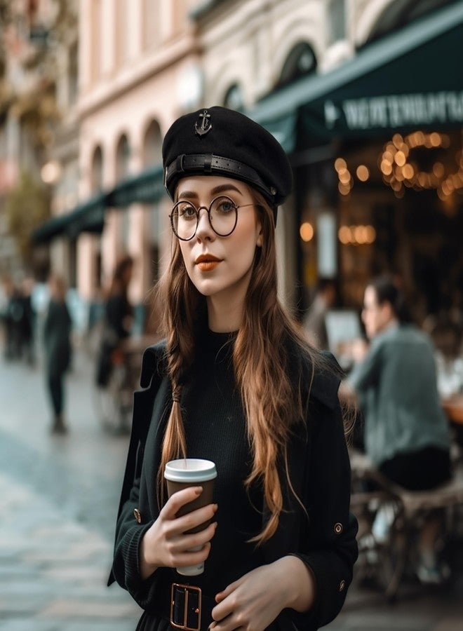 Paticr Women's Navy Beret Hats with Anchor, Chic British Military Berets Captain Hat Cabbie Paperboy Fall Cap (Black) - Image 5